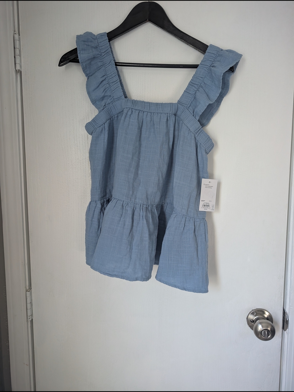 Light Blue Ruffled Square-Neck Cotton Top